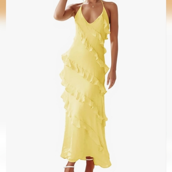Elegant Yellow Chiffon Cascading Ruffle Maxi Dress XS - Picture 2 of 5